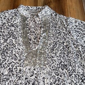 Chico size 2 stunning 100% silk leopard print tunic with sequined v-neck.